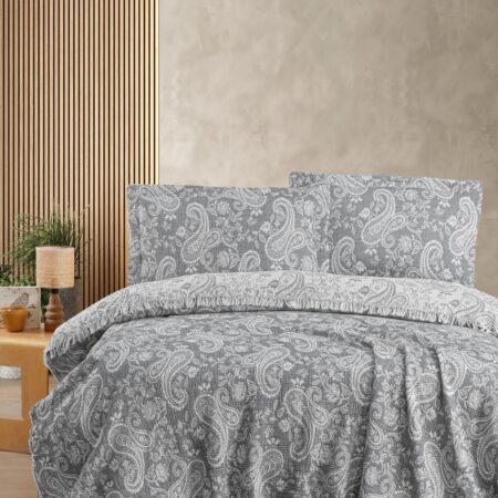 Şal Desenli Püsküllü Jakar Dokuma Pike Takımı - Antrasit