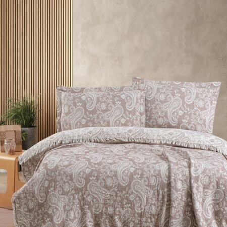 Şal Desenli Püsküllü Jakar Dokuma Pike Takımı - Vizon