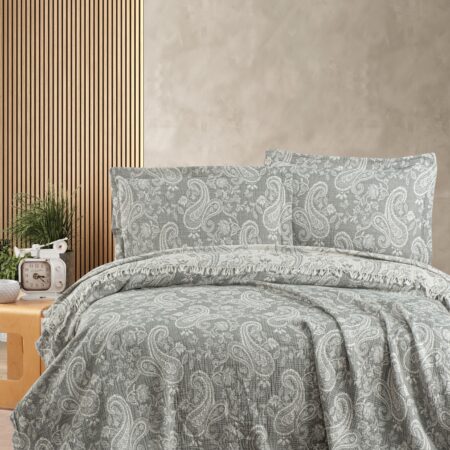 Şal Desenli Püsküllü Jakar Dokuma Pike Takımı - Adaçayı Yeşili